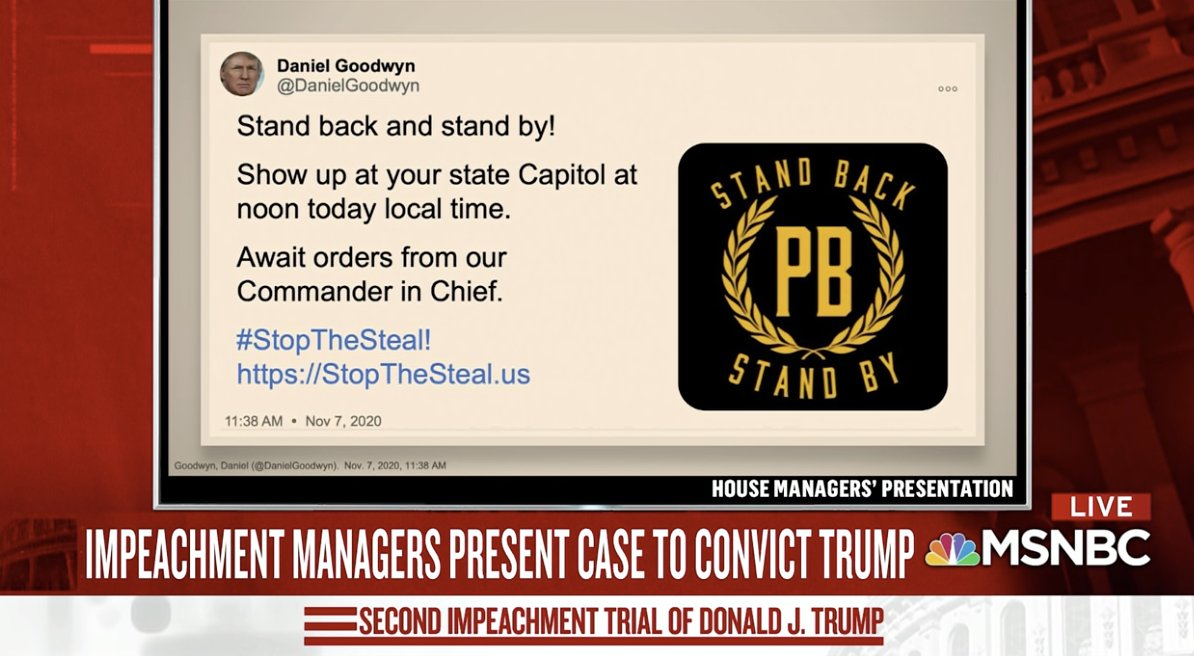 Trump at a debate told the Proud Boys to "stand back and stand by" and they took it as a call to arms. Goodwyn used Trump's face as his profile photo. and used the stand back stand by language saying it was orders from commander in chief17/
