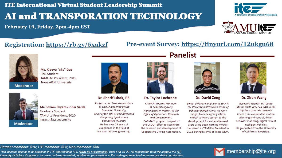 TAMUite (@itetamu) on Twitter photo TAMUite will host a panel session on Feb 19, 3-4pm EST in the ITE International Virtual Student #Leadership Summit about #AI and #Transportation #Technology.
Registration lnkd.in/eVd824m
Pre-event survey lnkd.in/e73kbTn
@itehq
<a href="/TAMUCVEN/">TAMU Civil & Environmental Engineering</a>
<a href="/TAMUEngineering/">TAMU Engineering</a> TAMUite will host a panel session on Feb 19, 3-4pm EST in the ITE International Virtual Student #Leadership Summit about #AI and #Transportation #Technology.
Registration lnkd.in/eVd824m
Pre-event survey lnkd.in/e73kbTn
@itehq
<a href="/TAMUCVEN/">TAMU Civil & Environmental Engineering</a>
<a href="/TAMUEngineering/">TAMU Engineering</a>