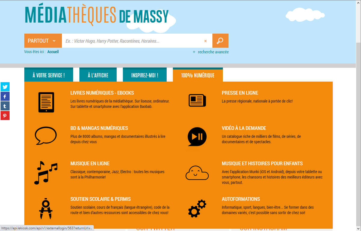 Med_Massy's tweet photo. Nouveau sur le site des #médiathèques de la @villedemassy : votre médiathèque "100% #numérique" en 1 clic🖱️
Connectez-vous à votre compte pour accéder à l'ensemble des ressources en ligne🖥️
Découvrez notamment la petite dernière, @Skilleos et ses #autoformations très variées🤩 https://t.co/UWZxECKexA