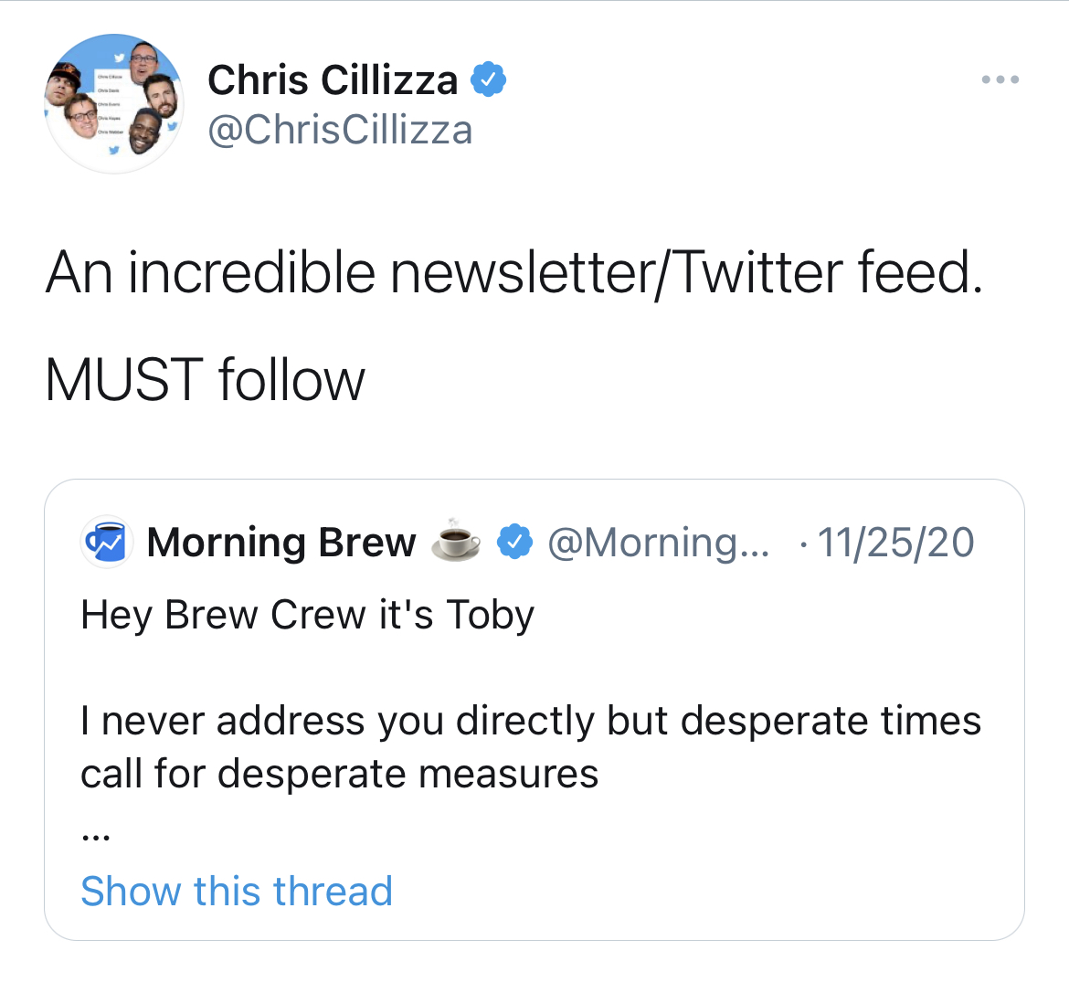 7/ Follower pushesThe  #MorningBrewTo100k was a great community momentAustin had the idea of “putting Toby’s job on the line”Inside joke Breaking the 4th wall Cause to rally behind 