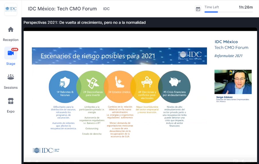 IDCLatin's tweet photo. #JorgeGómez director de Soluciones Empresariales platicando sobre las perspectivas para 2021 en el 𝗜𝗗𝗖 𝗠𝗲́𝘅𝗶𝗰𝗼 #TechCMOForum
La industria #TIC vuelve a la senda del crecimiento, pero bajo condiciones diametralmente diferentes a las que conocimos en los últimos 20 años. https://t.co/W9BDsLc8ko