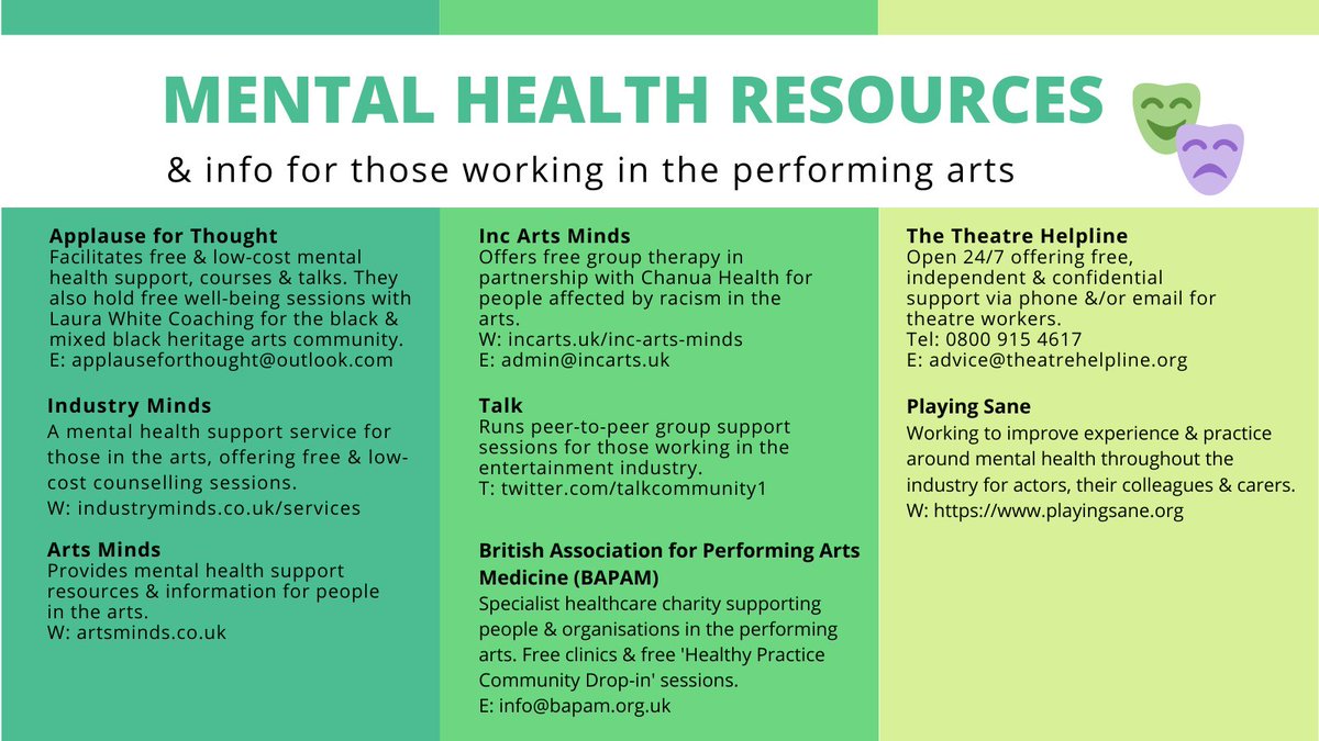 We've put together a #mentalhealth resources/info card for anyone working in the performing arts who may be struggling in these difficult times. (Most of the brilliant organisations are tagged so you can find them on Twitter).

Please RT/share with anyone you think it may help.💐