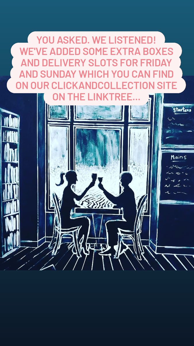 You asked. We listened.
Extra available, boxes and delivery slots added to 
Friday 12th and Sunday 14 th for your delectation.
Order on. L....The-winding-stair-group.clickandcollection.com

Yes we said...WE DELIVER!!!!
