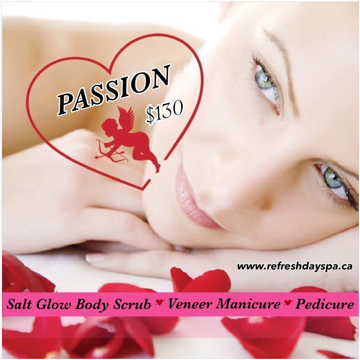 Let’s us help you find your #Passion 💘
•Salt Glow Body Scrub
•Cuccio Veneer Manicure
•Therapeutic Pedicure
$130
Gift cards can be purchased within the spa, over the phone or through our website:  refreshdayspa.ca/gift-cards #CurbSidePickup
#ValentinesDay #RefreshDaySpa