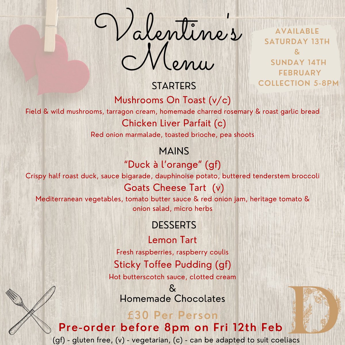 Oops.. who hasn’t sorted something for Valentine’s yet?❣️ We have A FEW slots left for our Valentine’s menu this weekend Choose a starter, main & dessert for £30 pp. Our menu will be hot & ready to eat on collection with ‘finishing off at home’ instructions ☎️01484 862912 to book