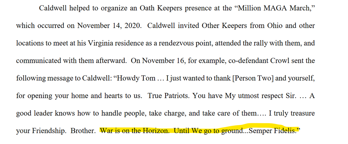 It's now clear the FBI has extensive text messages shared by Caldwell & his two Oath Keeper co-defendants, jessica Watkins & Donovan Crowl.As early as 11/16, Crowl wrote Caldwell, "War is on the horizon."