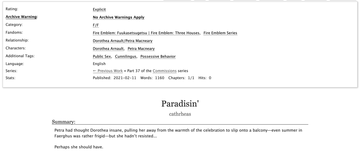 archiveofourown.org/works/29358366

Another Ko-fi comm! 

Rated E DoroPetra, featuring public sex, pussy-eating, and possessive Dorothea. For the alliteration, y'know.