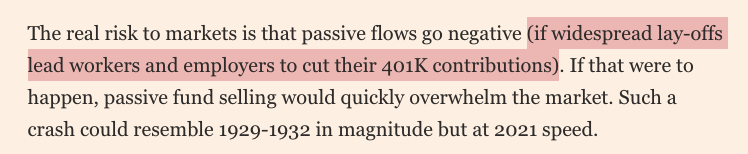 There are a few more problems. I can assure Carson that lower contributions to 401Ks does not mean passive funds have to sell. That's not the way the arithmetic works. To be sure, if there is a giant macro hit to the economy, some people may sell stocks, ETFs, funds, etc