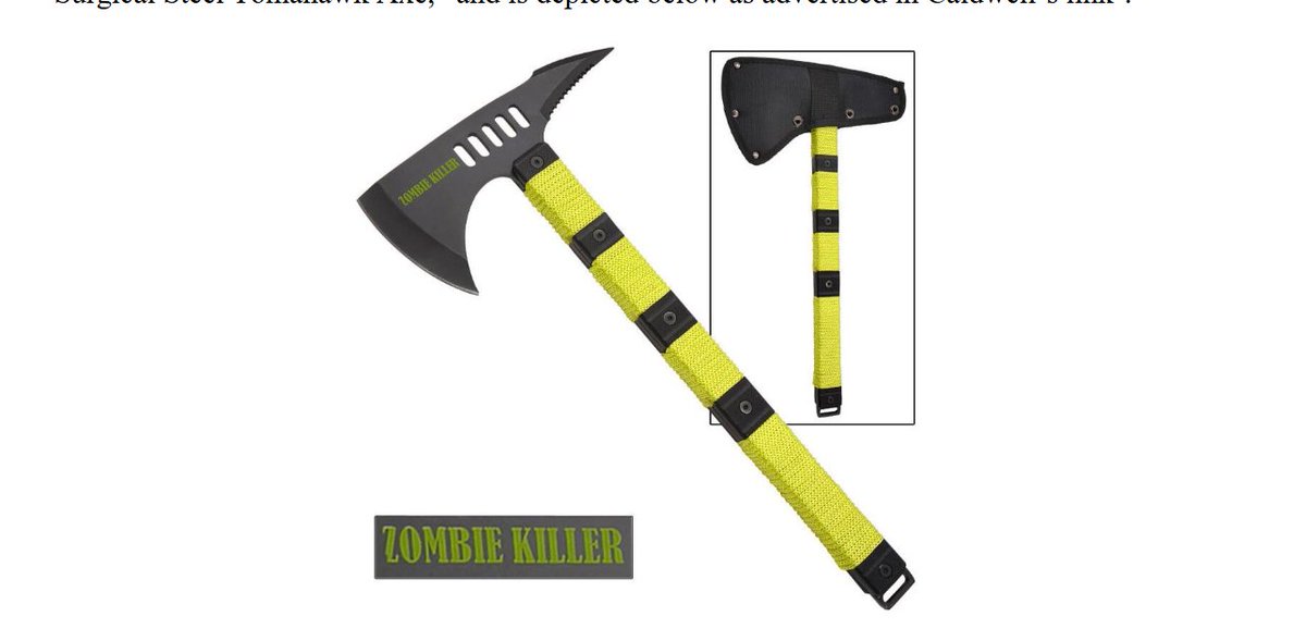 Preparing for the December event, prosecutors say, Caldwell researched weapons, including this "Zombie Killer" surgical steel tomahawk axe.