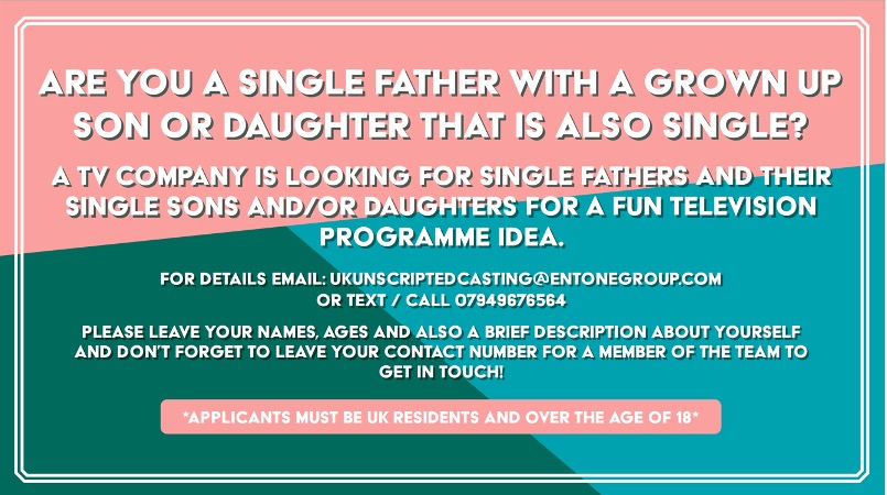 high_50's tweet photo. An independent TV production company @entonegroup is looking for fathers in the UK who are single with grown up children. If reality TV's your thing, what are you waiting for? https://t.co/s2tFGbtESt