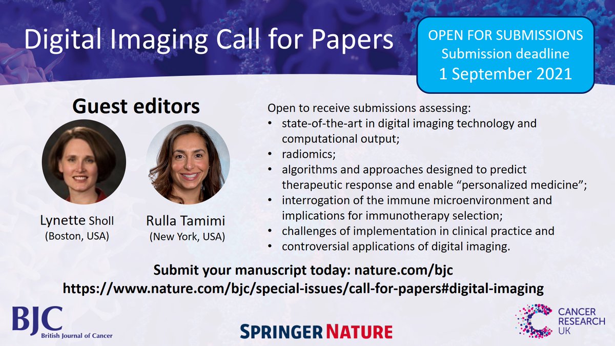 British Journal of Cancer (@brjcancer) on Twitter photo Digital Imaging Calls for Papers - open for submissions.
Guest Editors: Lynette Sholl and Rulla Tamimi <a href="/lmsholl/">Lynette Sholl</a> <a href="/rtamimi/">Rulla Tamimi</a>
For more details visit: go.nature.com/3ade4BM Digital Imaging Calls for Papers - open for submissions.
Guest Editors: Lynette Sholl and Rulla Tamimi <a href="/lmsholl/">Lynette Sholl</a> <a href="/rtamimi/">Rulla Tamimi</a>
For more details visit: go.nature.com/3ade4BM