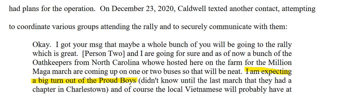 Looks like Oath Keeper Thomas Caldwell may have been in touch with the Proud Boys before Jan. 6.On Dec 23, prosecutors say, he wrote a text saying he expected "a big turn out of the Proud Boys" in Washington DC.