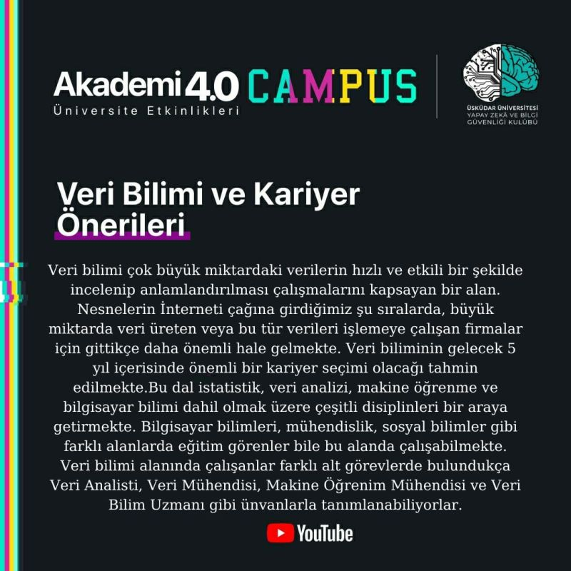 Herkese merhabalar, 18 Şubat saat 14.00'da değerli konuşmacımız Özge Özmen ile "Veri Bilimi ve Kariyer Önerileri " konusuna değineceğiz. 

Peki nedir bu "Veri Bilimi ve Kariyer Önerileri"🤔? Gelin hep beraber göz atalım 💁

18 Şubat 14.00'da görüşmek üzere ✨
<a href="/akademi40org/">Akademi 4.0</a>