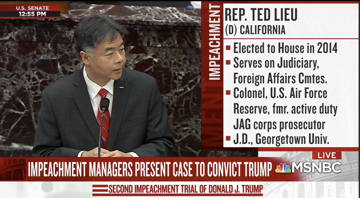 Lieu said Trump's actions were wrong, destructive and un-American.Lack of remorse shows state of mind. We have to hold him accountable to send message that it's never patriotic to incite a violent attack against our nation's capitol and to let future presidents know this.47/