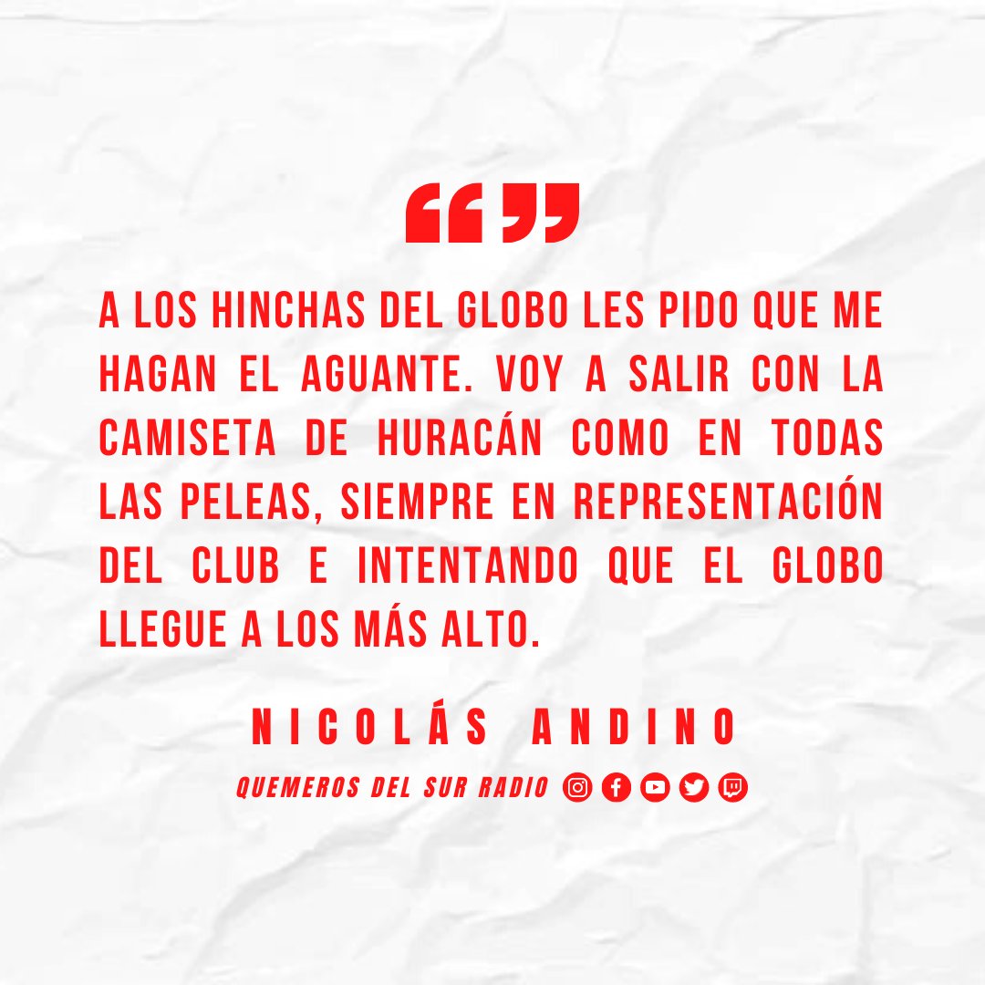 #Huracán <a href="/BoxeoHuracan/">BoxeoHuracán</a> 🥊
Nicolás Andino habló con Quemeros del Sur Radio de cara a su pelea con Carlos Aquino, la cual se realizará este viernes 12 de febrero a partir de las 22hs y contará con la televisación de <a href="/TycSports/">TyC Sports</a>.

👉 Lee la nota completa: quemerosdelsurradio.com.ar/uncategorized/…