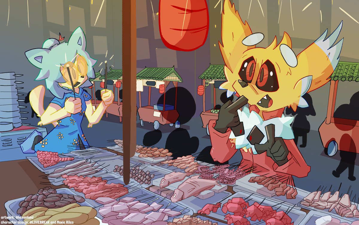 The pitiful loser Adrien is deciding what to get from a food stand in a Kumo City festival. Kato is nearby, running around with sparklers (very dangerous you nerds! even I, gaoma, wouldn't do this. do not try this at home.) other shadow people are seen interacting with the many stalls of delicious food, of which I'm about to steal