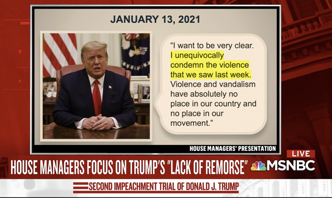 One week after attack, Trump released another video.He made statement claiming "I unequivocally condemn the violence." He had to say that but did not really mean it.He never acknowledge his role in stirring up violence. And he did not say, "the election was not stolen." 52/