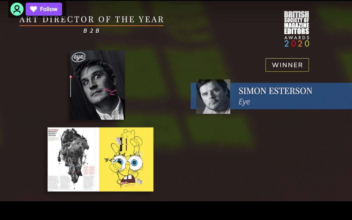 eyemagazine's tweet photo. Simon Esterson wins Art Director of the Year (B2B) for Eye. #Eye100 #BSMEAwards2020 https://t.co/jwWiAvu8Zc