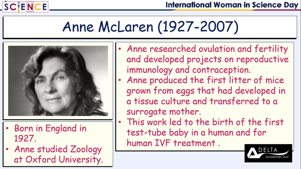 Ingleby Manor Free School (@free_manor) on Twitter photo Anne McLaren's work in genetics have led to the development of IVF treatment. Anne's research has also led to develop stem cell treatments for human diseases and had a huge impact on a vast amount of people. <a href="/deltatrustsci/">Delta Trust Science</a> Anne McLaren's work in genetics have led to the development of IVF treatment. Anne's research has also led to develop stem cell treatments for human diseases and had a huge impact on a vast amount of people. <a href="/deltatrustsci/">Delta Trust Science</a>