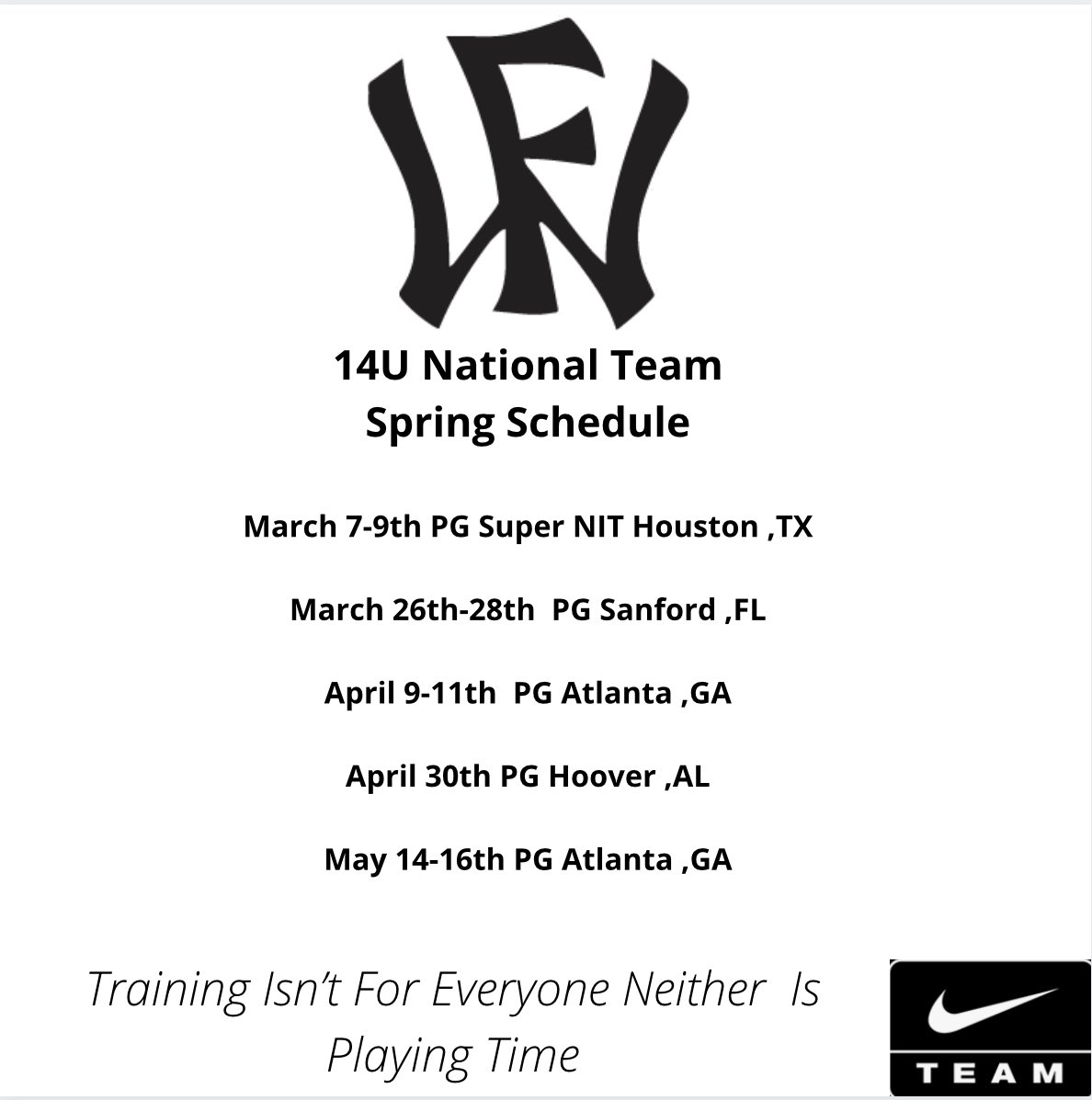 Our Two 14U National Teams Spring Schedule. 2025 National Team will have an open workout February 27th for players still looking to join a top 14U Team in the country. #WFNation