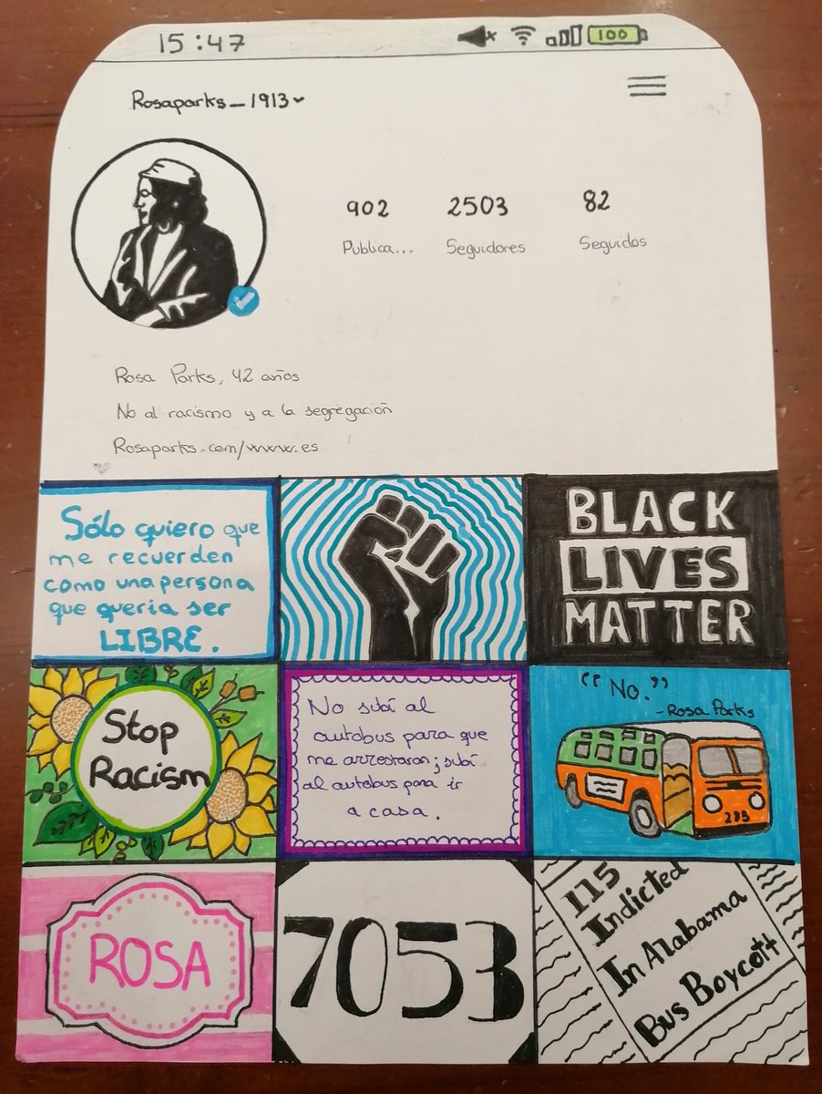 terilope80's tweet photo. En 1°ESO hemos leído un libro sobre la vida de Rosa Parks y basándome en la idea de @xtianolive, les propuse como trabajo de lectura crear el perfil de Insta de Rosa Parks (a mano). 
Han creado auténticas maravillas 🧡. https://t.co/jSaIh1s0gv