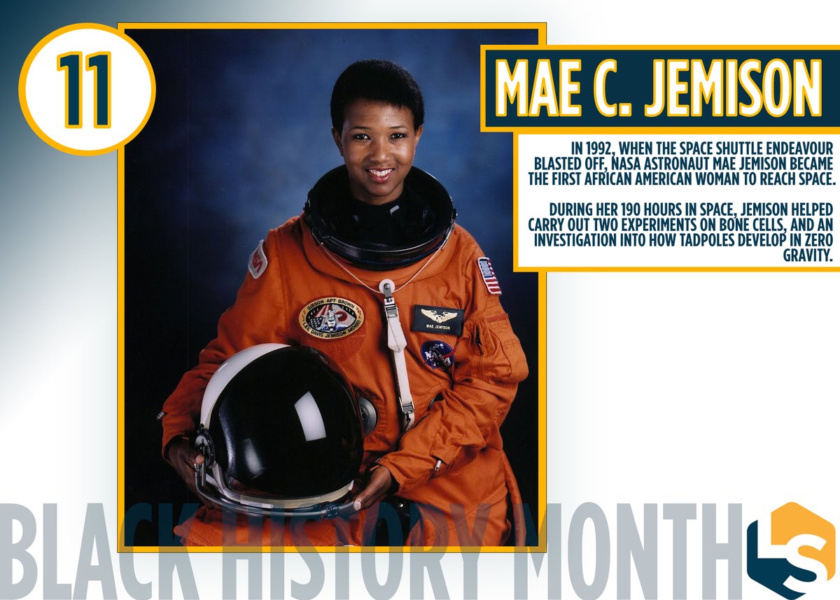 #11 Mae Jemison @maejemison is also a physician, a Peace Corps volunteer, a teacher, a jazz dancer and choreographer, and a founder and president of two technology companies.  #BHM    #WomenInScience  #WomenInSTEM  #WomenInScienceDay