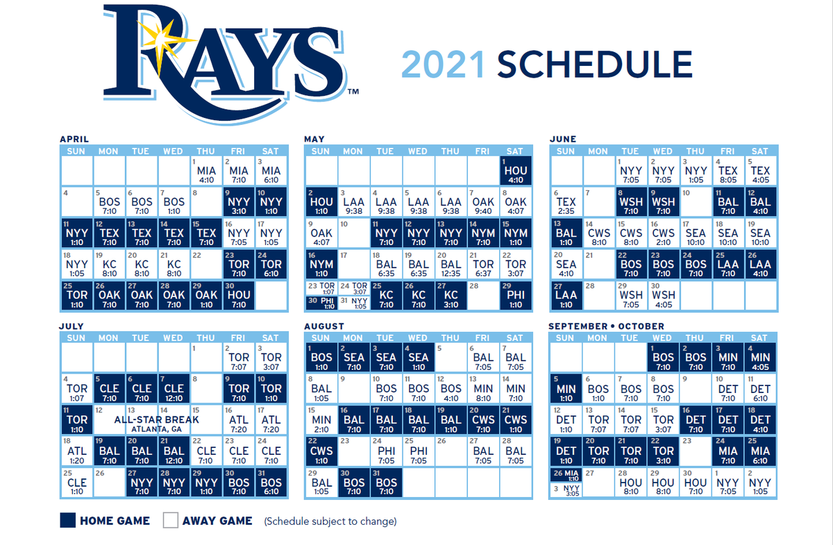 adamdberry's tweet photo. MLB just announced game times for the regular season. 

Here's the Rays' full schedule, with a 4:10 p.m. Opening Day game, a 3:10 p.m. home opener and a few different start times for Saturday home games... https://t.co/CjKAJ2tvvk