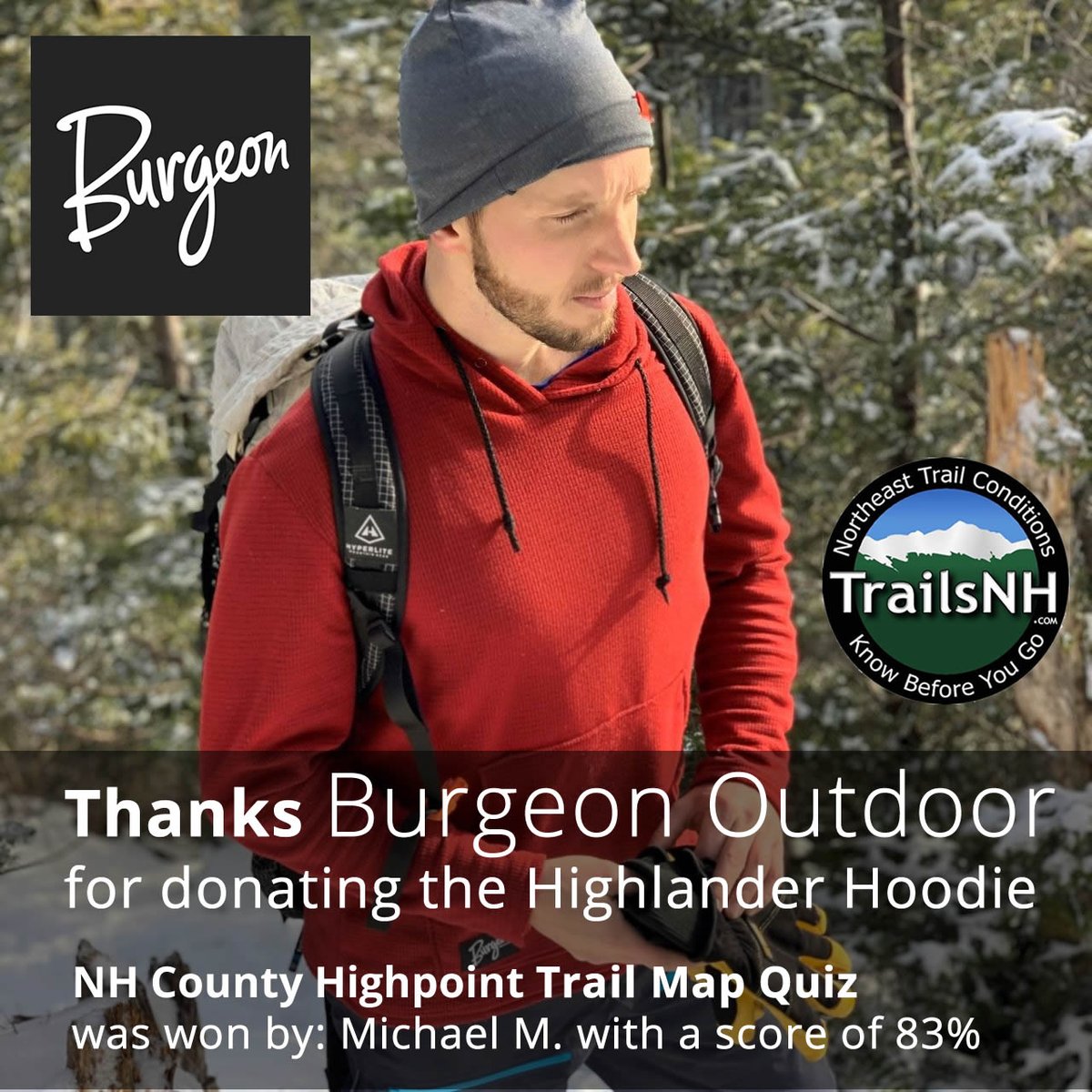 TrailsNH's tweet image. Congrats Michael M., NH County Highpoints Quiz Winner. Thanks to @BurgeonOutdoor for the Hoodie made in Lincoln NH! 

New map quiz every other week! To qualify, score 80%+

trailsnh.com/quiz-map/prize…
Practice your map reading skills
Challenge your hiking buddies
Win cool hiking gear