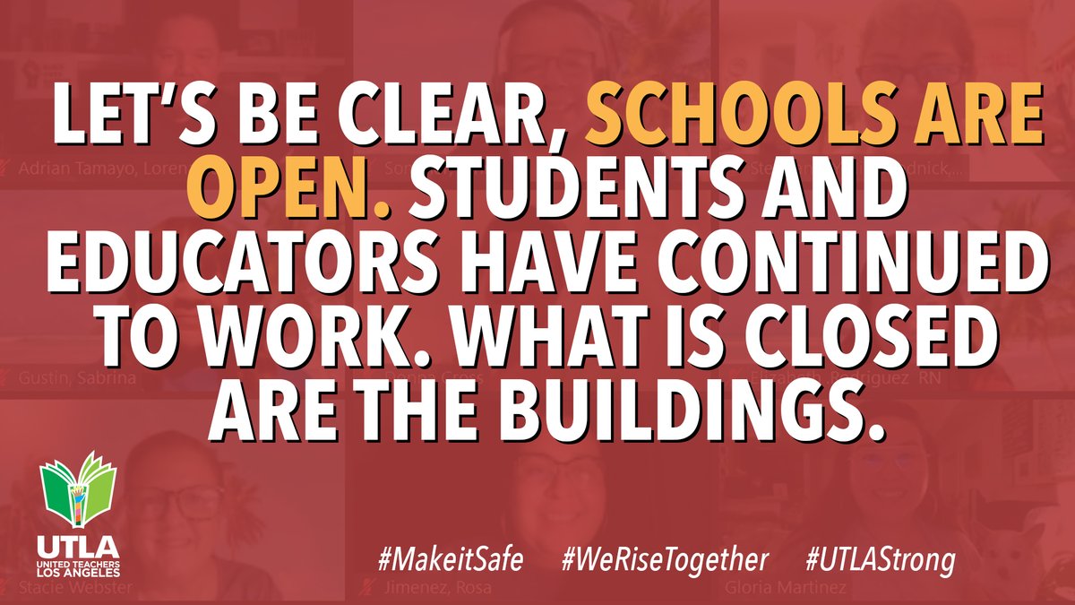 Let’s be clear, Schools are open. Students and educators have continued to work. What is closed are the buildings. LA County is still suffering from COVID infection rates [Purple Tier] that make it unsafe to return to in-person. 

#MakeItSafe #WeArePublicSchools #UTLAStrong