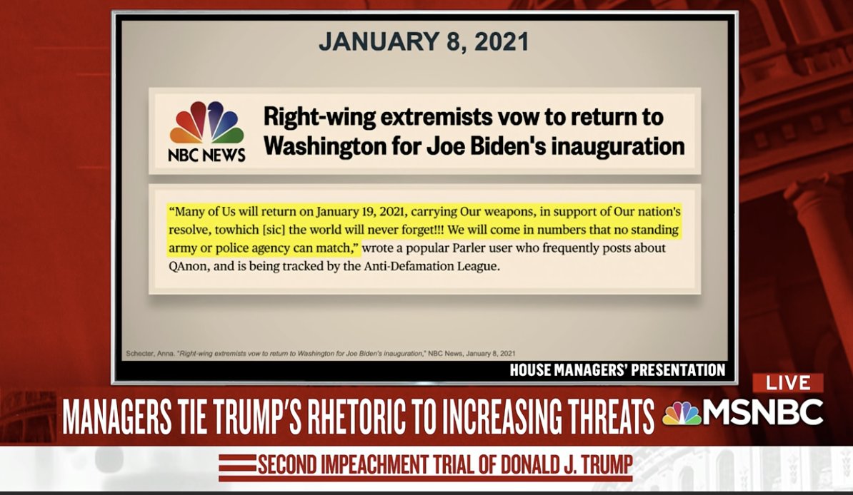 Postings on extremist websites promised/threatened violence. "We took the building once and we can take it again."Others were waiting on Trump's instructions on what to do next.72/