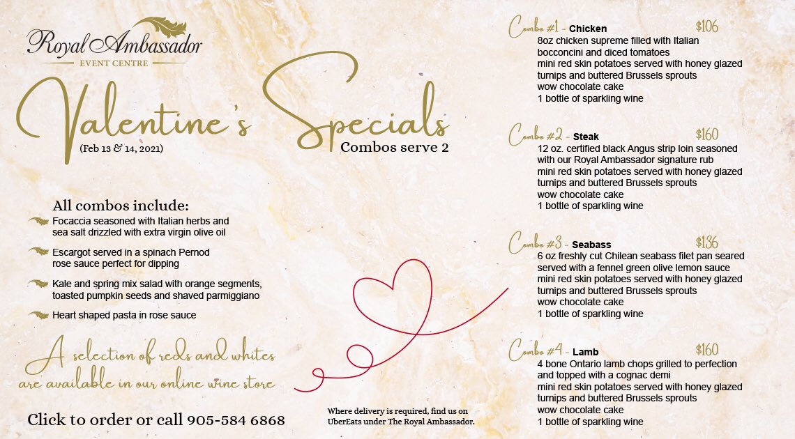 info_ambassador's tweet photo. Let us do the cooking this Valentine’s Day! Check out our delicious Vday takeout combos👇🏻Takeout available Wednesday-Sunday 12pm-6pm
Visit our website (link in bio), call (905)-584-6868 or check out @ubereats to place your takeout order today!
#caledon #gtafood #lovelocalcaledon https://t.co/XhyPTNTpOe