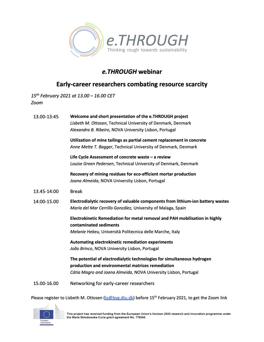 e.THROUGH (@ethroughproject) on Twitter photo <a href="/Alex_B_Ribeiro/">Alexandra Ribeiro</a> and <a href="/LMOttosen/">Lisbeth M. Ottosen</a> invite you to join the next
<a href="/eTHROUGHproject/">e.THROUGH</a> webinar - Early-career researchers combating resource scarcity, 15th February 2021, 13.00–16.00 CET. Program attached
@CENSE <a href="/FCTNOVA/">Faculdade de Ciências e Tecnologia | NOVA FCT</a> @DTU <a href="/ZeroWasteByg/">ZeroWaste Byg</a> <a href="/SapienzaRoma/">Sapienza Università di Roma</a> <a href="/InfoUMA/">Universidad de Málaga</a> #Ecorecycling <a href="/Alex_B_Ribeiro/">Alexandra Ribeiro</a> and <a href="/LMOttosen/">Lisbeth M. Ottosen</a> invite you to join the next
<a href="/eTHROUGHproject/">e.THROUGH</a> webinar - Early-career researchers combating resource scarcity, 15th February 2021, 13.00–16.00 CET. Program attached
@CENSE <a href="/FCTNOVA/">Faculdade de Ciências e Tecnologia | NOVA FCT</a> @DTU <a href="/ZeroWasteByg/">ZeroWaste Byg</a> <a href="/SapienzaRoma/">Sapienza Università di Roma</a> <a href="/InfoUMA/">Universidad de Málaga</a> #Ecorecycling