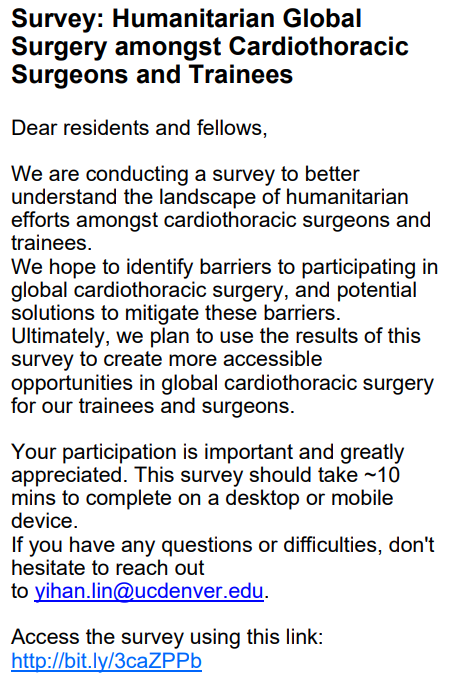 /3 The <a href="/TSRA_official/">TSRA</a> is conducting a survey on humanitarian #globalcardiacsurgery for #CTSurgery trainees! 

Would love for your input in this brief survey! #TSSMN #CTCareers @clauden_louis 

Link -&gt; bit.ly/3caZPPb