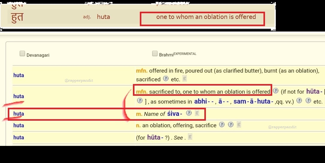 9. हुत is name of SHIVA and जुहोत is the Rishi who does OfferingIt is also said the persian 'Khuda' & Zorastrian 'Ahura' Mazda have roots from हुत, आहुति, जुहोतDid you Notice Muslim Brothers No More use Persian 'Khuda', rather they use Arabic 'Allah' to define Supreme being