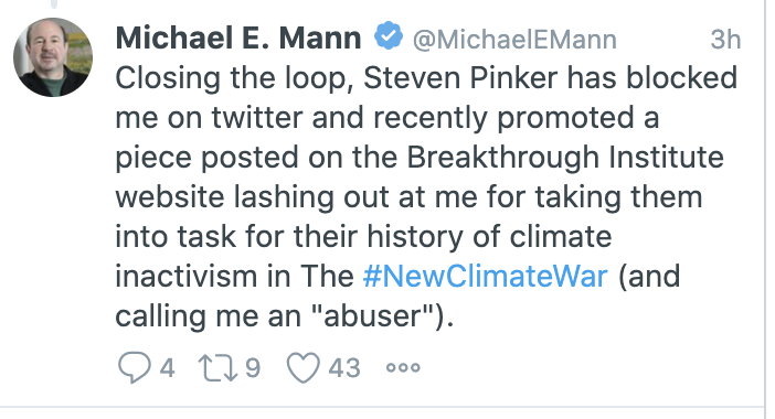 Update 3:15. Now  @michaelemann is complaining that HE is being blocked by  @sapinker, which is... just fantastic...