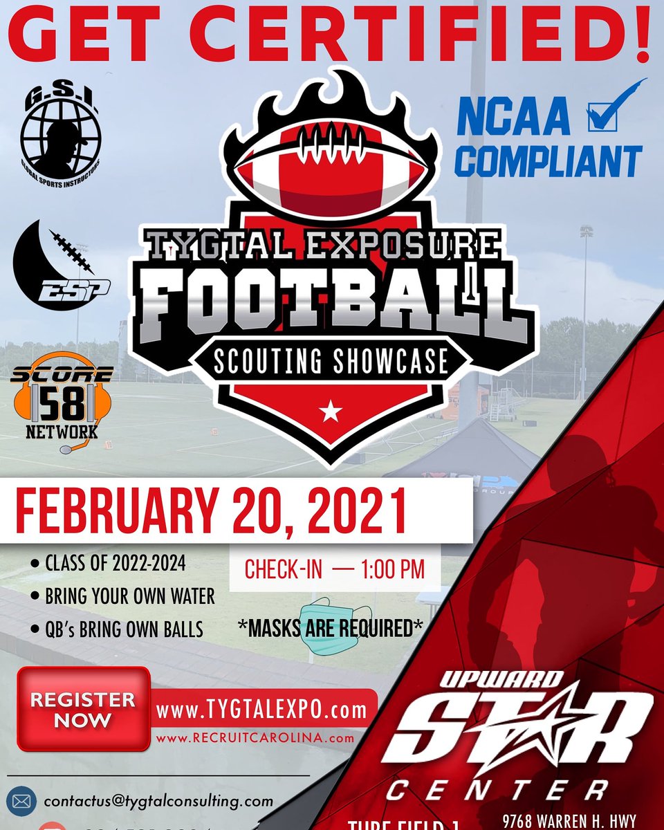 We are back in Spartanburg Sc Feb 20th .. we are bringing a whole new flavor to the game. Of course lights cameras and more.. Last year it was all about #BeIdentified this year is it all about #Getcertified 
. Register today tygtalexpo.com or recruitcarolina.com