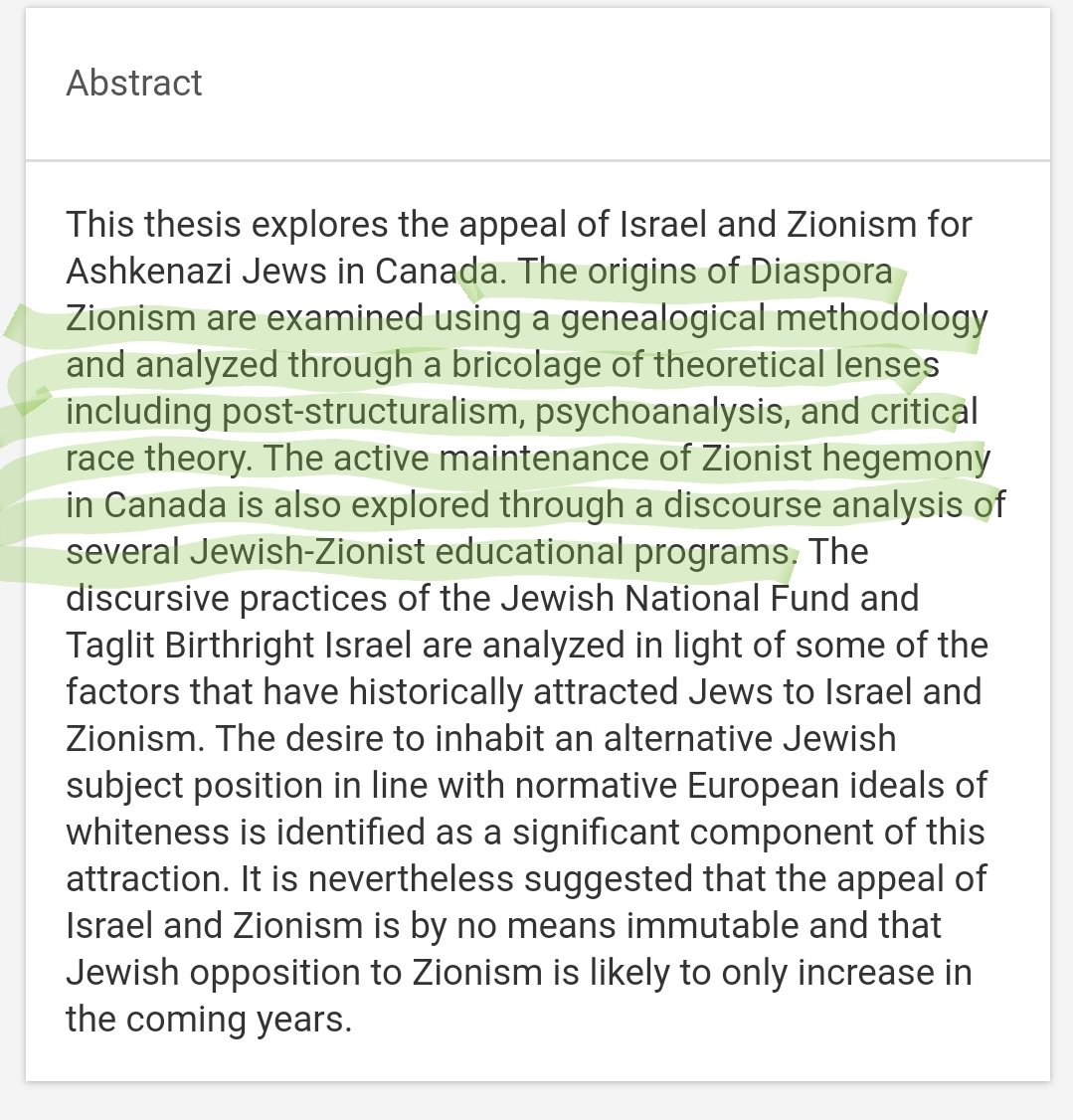 8/Here's a paper using post-structuralism (a postmodern theory) and Critical Race Theory to examine hegemony (cultural dominance and power) and concludes there is a Zionest (Jewish) hegemony in....Canada.It literally argues "The Jews Run Canada." It's pure anti-semitism.