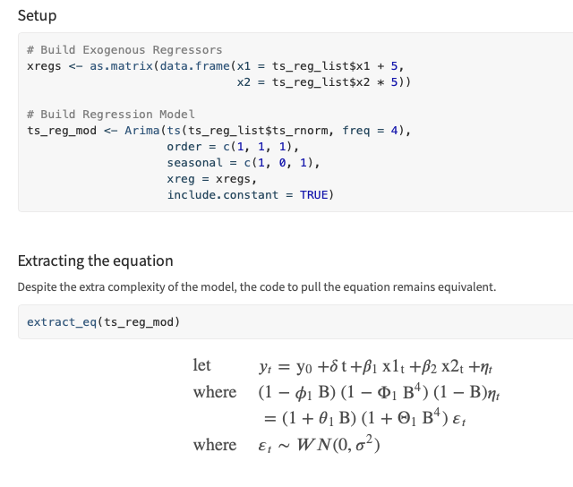 New version of #rstats {equatiomatic} 📦on CRAN! I'm particularly happy with the new support for `lme4::lmer()` models, including estimated coefs. We also now support `forecast:::ARIMA()` models! Give it a try! datalorax.github.io/equatiomatic/i…