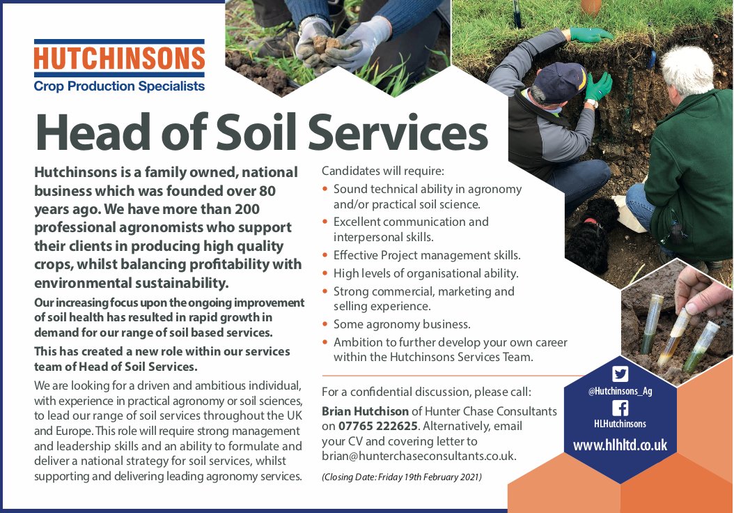 Career opportunity ! 🌾🚜

We are delighted to be working with Hutchinsons looking  for a new role of Head of Soil Services. If you would like more information on this exciting opportunity please ring Brian Hutchison on 07765 222625 or email brian@hunterchaseconsultants.co.uk