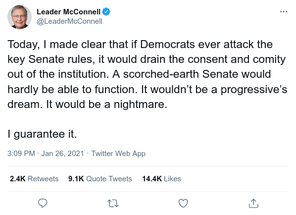 Thinking through Mitch McConnell's plea for comity: A thoughtful analysis. https://twitter.com/doctorow/status/13551595489321574452/