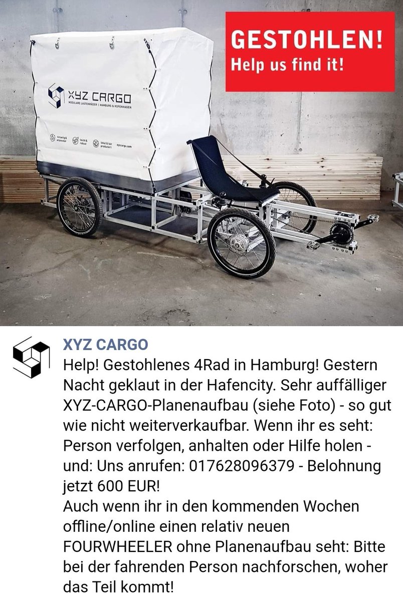 lebenswerteCity's tweet photo. 4Rad #xyzcargo in der Nacht von Mittwoch auf Donnerstag in der #Hafencity geklaut. 600 € Finderlohn. #hhrad #Lastenrad #Fahrraddiebstahl^ds https://t.co/bm0RNdpZGY
