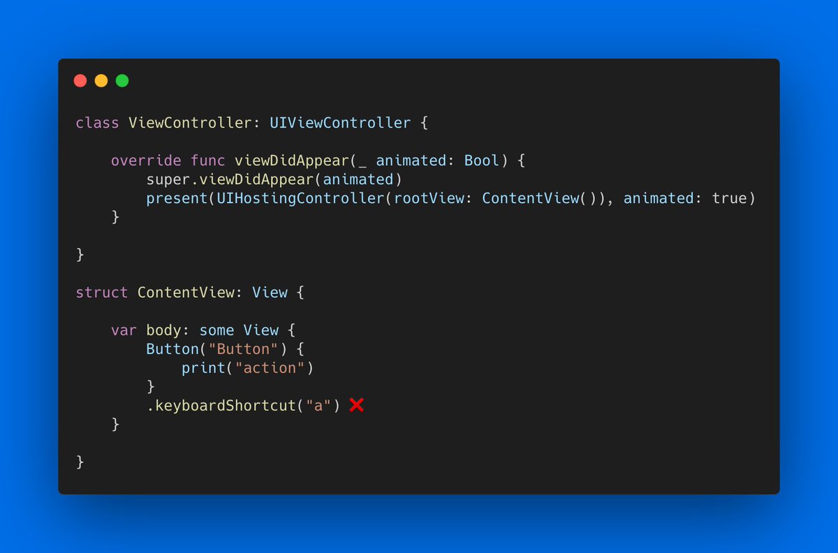 swiftuibugs's tweet image. The keyboardShortcut modifier doesn&apos;t work when the UIHostingController isn&apos;t the rootViewController of the application window. Displaying it modally, for example, does not enable the keyboard shortcuts.
iPadOS 14.3
#SwiftUI