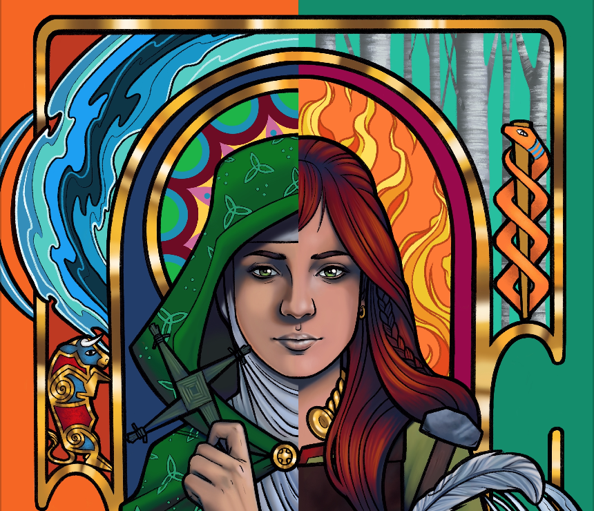 Brigid embodies the ancient triple goddess archetype of water (healing), fire (alchemy) & the Arts. Our matron Saint represents true Christianity, renowned for her compassionate care for the poor & animals. http://herstory.ie/2021&nbsp;  #BrigidsDay Art: Brigid Of Faughart by Friz