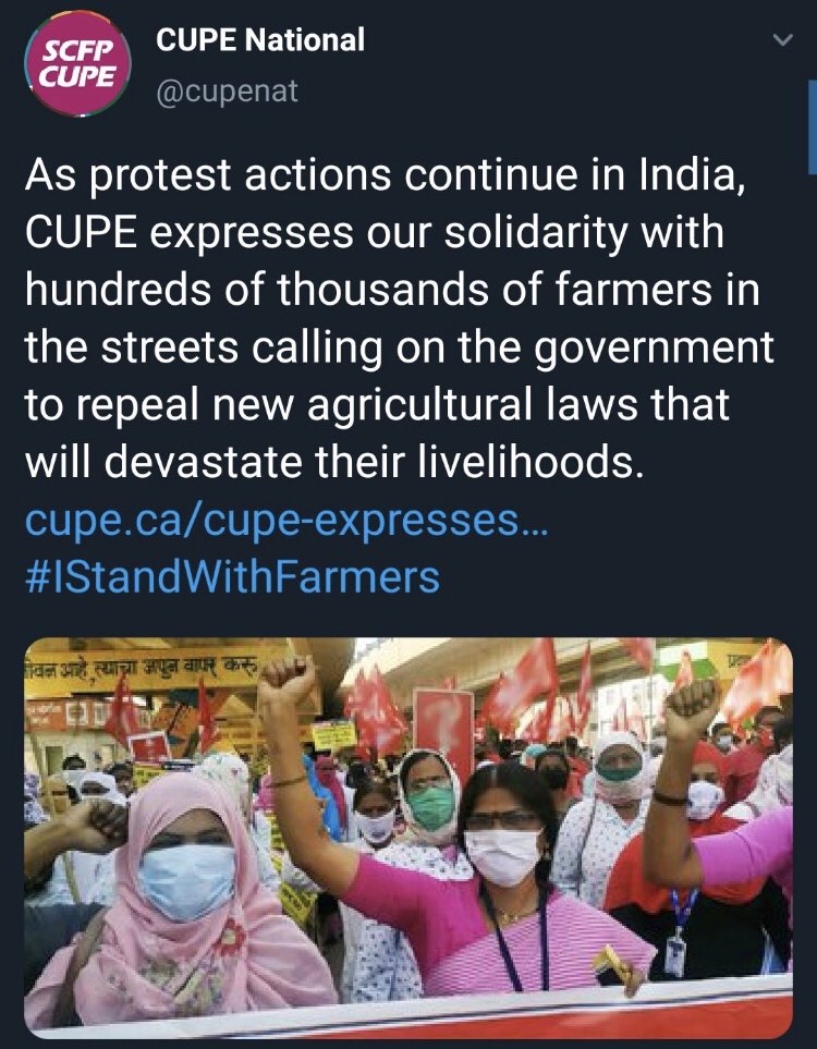 My long-winded point: we must support this massive mobilization against Modi, and we must do so knowing that it is implicitly (and often explicitly) an anti-capitalist struggle. (With all due disrespect to the CUPE acct that blurred the hammer-and-sickle logos from these flags).