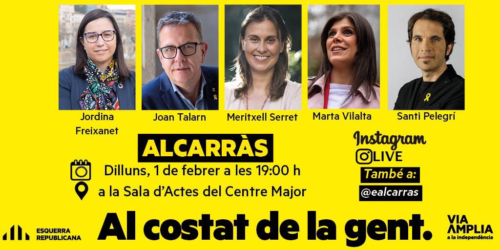 Presentació de les propostes d’<a href="/Esquerra_ERC/">Esquerra Republicana</a> No us ho perdeu‼️‼️

🗓 Dilluns 1 de febrer
⏰ 19h
📍Centre Major i per streaming 📲 per #InstagramLive

#AlCostatDeLaGent
