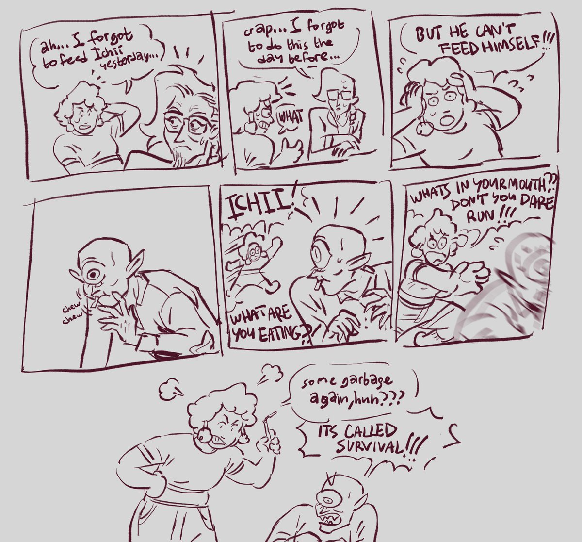 these are double funny to me now bc i made it long time ago and considering that before-the-curse-oluchi was the most 'ordinary' one among them now...... just a bunch of demons and their weird cyclops dog who plays bass :) absolutely normal business over here :)