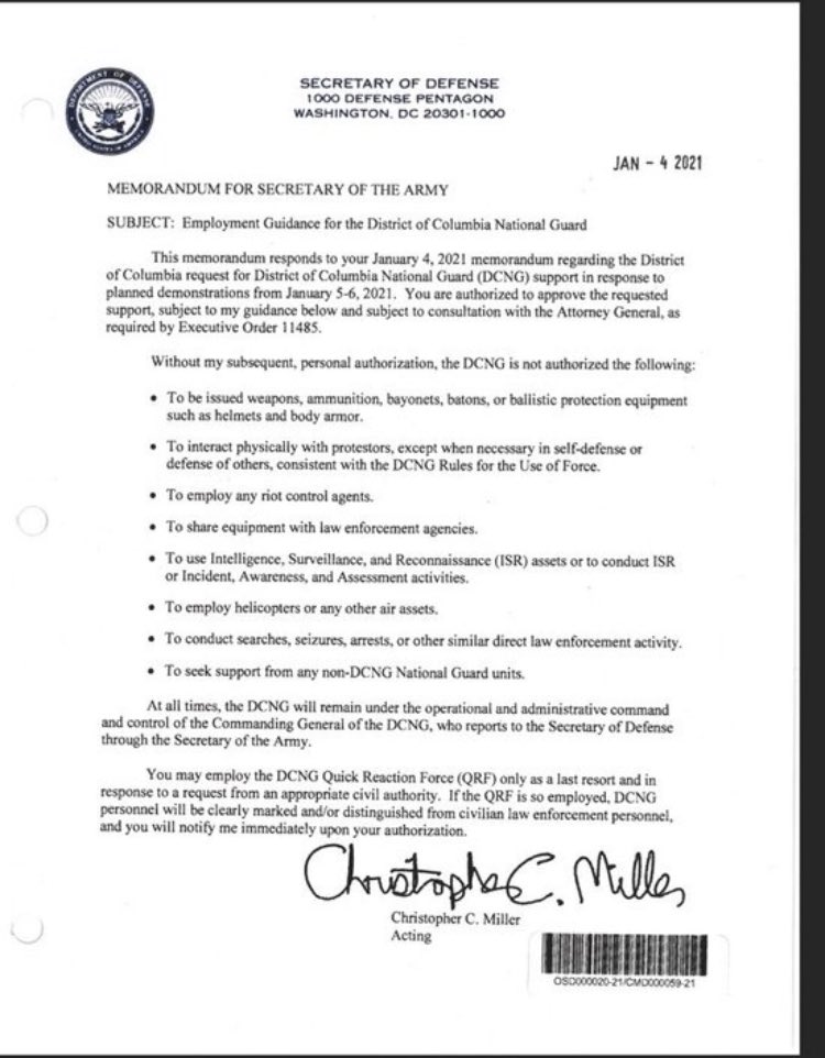 Orders from Miller to the DC National Guard for January 6The DC guard were allowed no helmets, no body armor, no weapons. They were not allowed to stop or arrest protesters. Letter orders no interference with Trump's terrorists