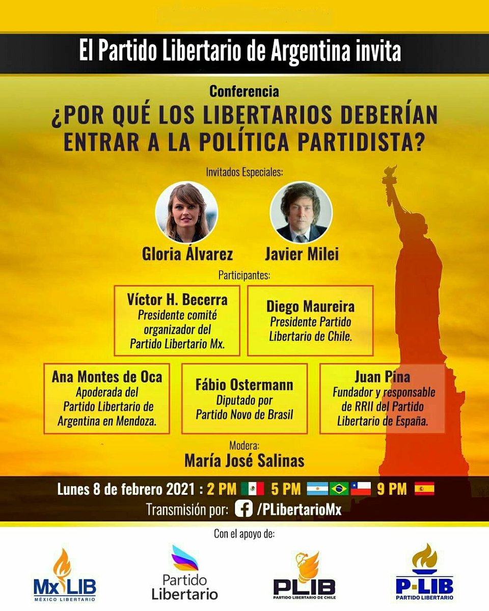 PLbahiablanca's tweet photo. El día 8 de febrero a las 5pm hora local, habrá una conferencia de dos grandes referentes libertarios de Latinoamérica. Gloria Álvarez y Javier Milei! 
Transmisión en vivo por Facebook.
Link: https://t.co/VJiYgyYPYW

#BahiaBlanca 
#AvanzaLibertad https://t.co/xf3wlBYPtc