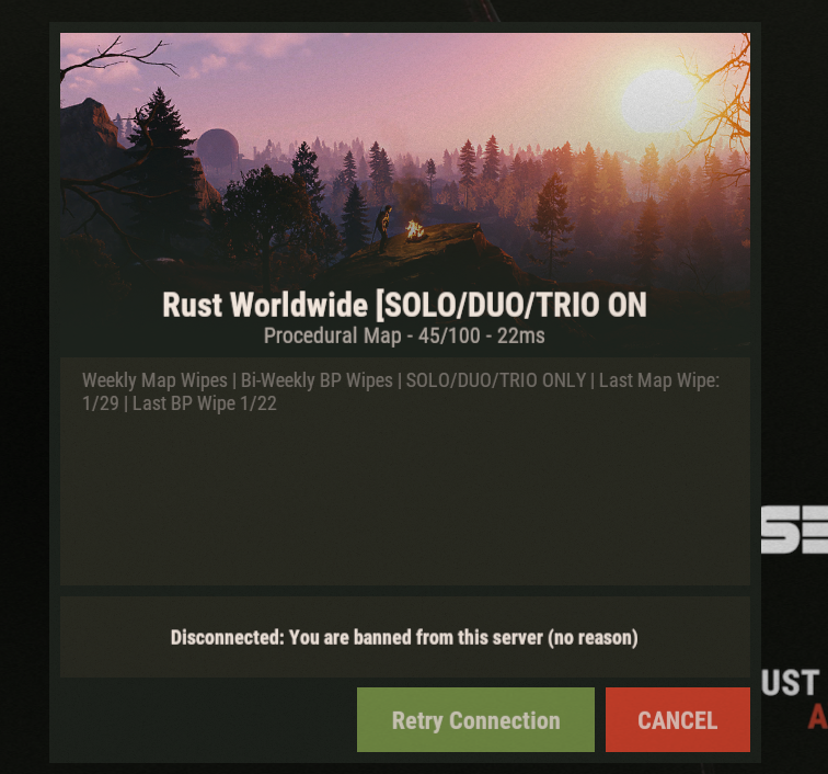 DudeBengals's tweet photo. @playrust Nobody play this server.  Admin abuses constantly, placed 50+ bear traps last wipe.  Bans us after we kill his trio at launch and when he door camps us.  Dasbender is the admin.  LOLOL

Rust Worldwide [SOLO/DUO/TRIO ONLY] 1/29 Map Wipe https://t.co/UJLESbPgK7