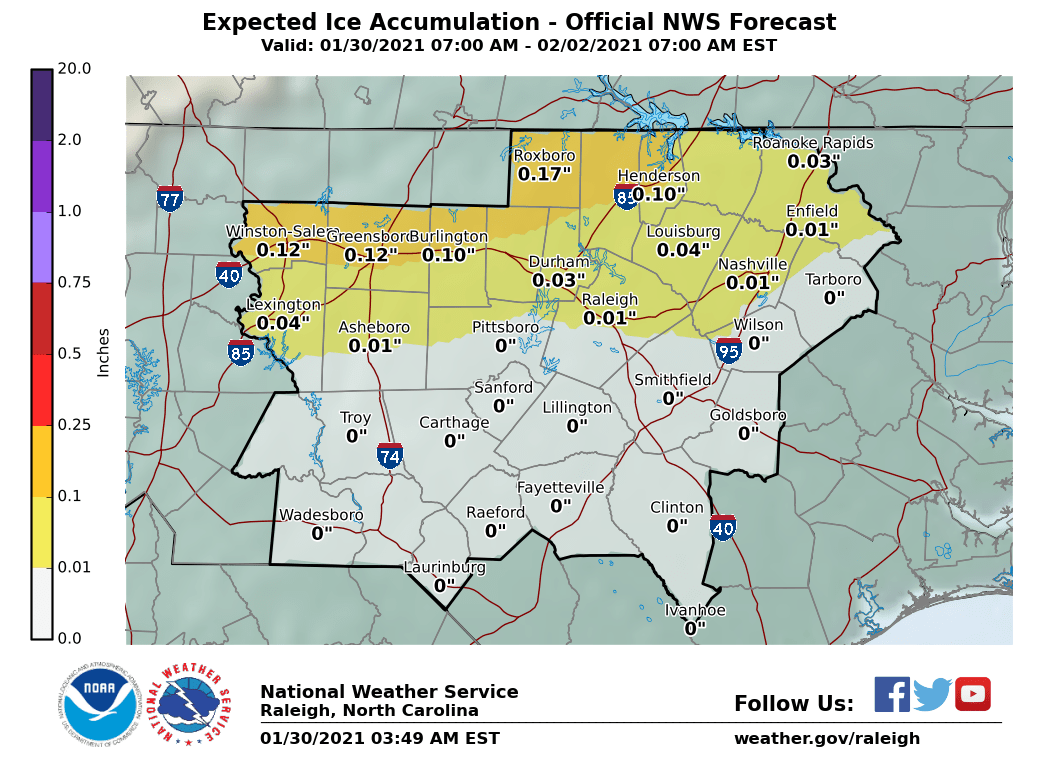 A brief burst of snow is expected this evening across the Triad, with a quick coating up to a half inch possible. Light freezing rain is expected tomorrow morning/afternoon, especially along and north of Interstate 40/85. Freezing rain will become all rain over Raleigh. #NCwx